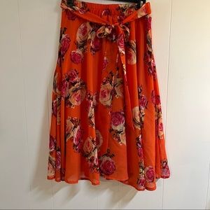 Orange floral midi skirt with cute bow and roses for church girly feminine ditsy